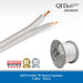 QED Profile 79 strand speaker cable in black, shown as two cut ends with exposed copper wires and a spool of the white-wrapped cable on a gray spool, with QED branding and award badges on a white background.