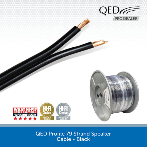 Black speaker cable shown as two exposed-lead strands and a spool of wire, with QED branding and award badges on a white background with a blue footer.