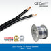 Black speaker cable shown as two exposed-lead strands and a spool of wire, with QED branding and award badges on a white background with a blue footer.