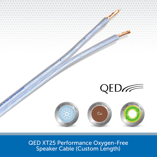 Two silver QED XT25 oxygen-free speaker cables with copper-colored ends, displayed on a white background with product feature badges and a blue text banner at the bottom.
