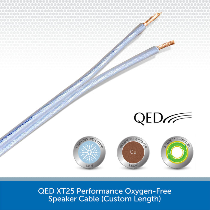 Two silver QED XT25 oxygen-free speaker cables with copper-colored ends, displayed on a white background with product feature badges and a blue text banner at the bottom.