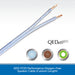 Two silver QED XT25 oxygen-free speaker cables with copper-colored ends, displayed on a white background with product feature badges and a blue text banner at the bottom.