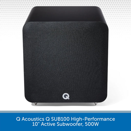 Black high-performance active subwoofer with Q Acoustics logo on a white background