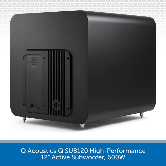 Black high-performance 12" active subwoofer with branding on a white background
