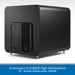 Black high-performance 12" active subwoofer with branding on a white background