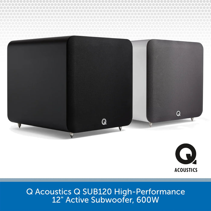 Two black Q Acoustics subwoofers on a white background with brand logo.