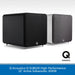 Two black Q Acoustics subwoofers on a white background with brand logo.