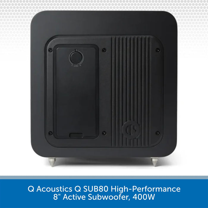 Black high-performance 8" active subwoofer with Q Acoustics branding on a white background.