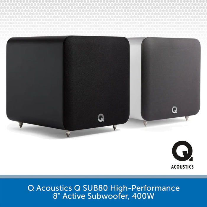 Pair of Q Acoustics Q SUB80 high-performance 8" active subwoofers on a white background.