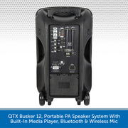 QTX Busker 12, Portable PA Speaker System With Built-In Media Player, Bluetooth & Wireless Mic