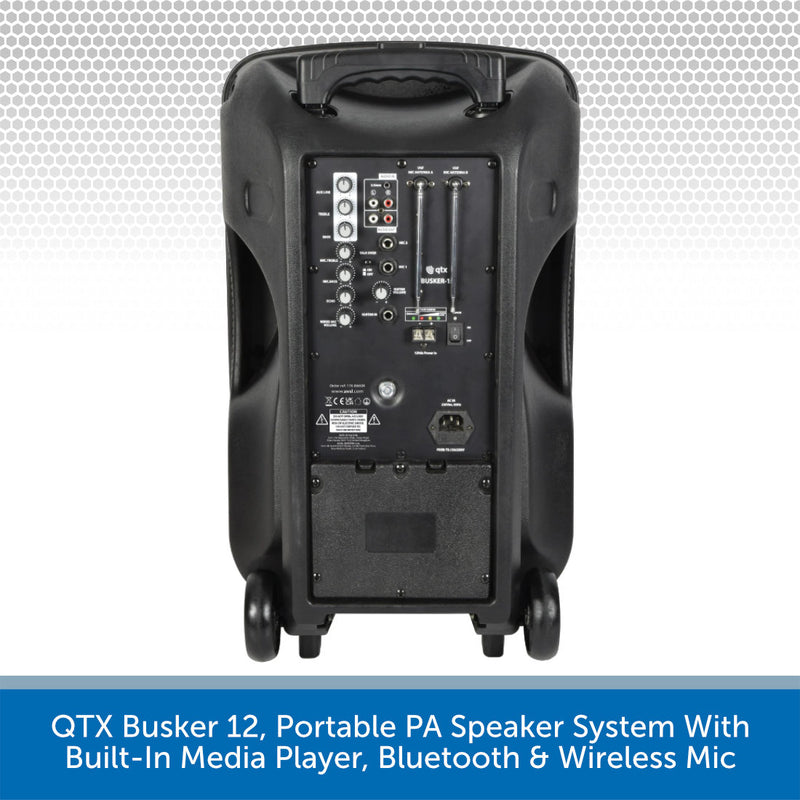 QTX Busker 12, Portable PA Speaker System With Built-In Media Player, Bluetooth & Wireless Mic