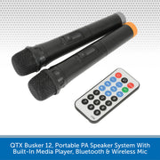 QTX Busker 12, Portable PA Speaker System With Built-In Media Player, Bluetooth & Wireless Mic