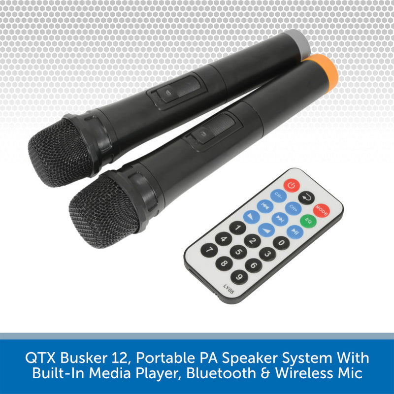 QTX Busker 12, Portable PA Speaker System With Built-In Media Player, Bluetooth & Wireless Mic