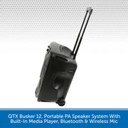 QTX Busker 12, Portable PA Speaker System With Built-In Media Player, Bluetooth & Wireless Mic