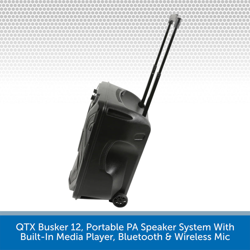 QTX Busker 12, Portable PA Speaker System With Built-In Media Player, Bluetooth & Wireless Mic
