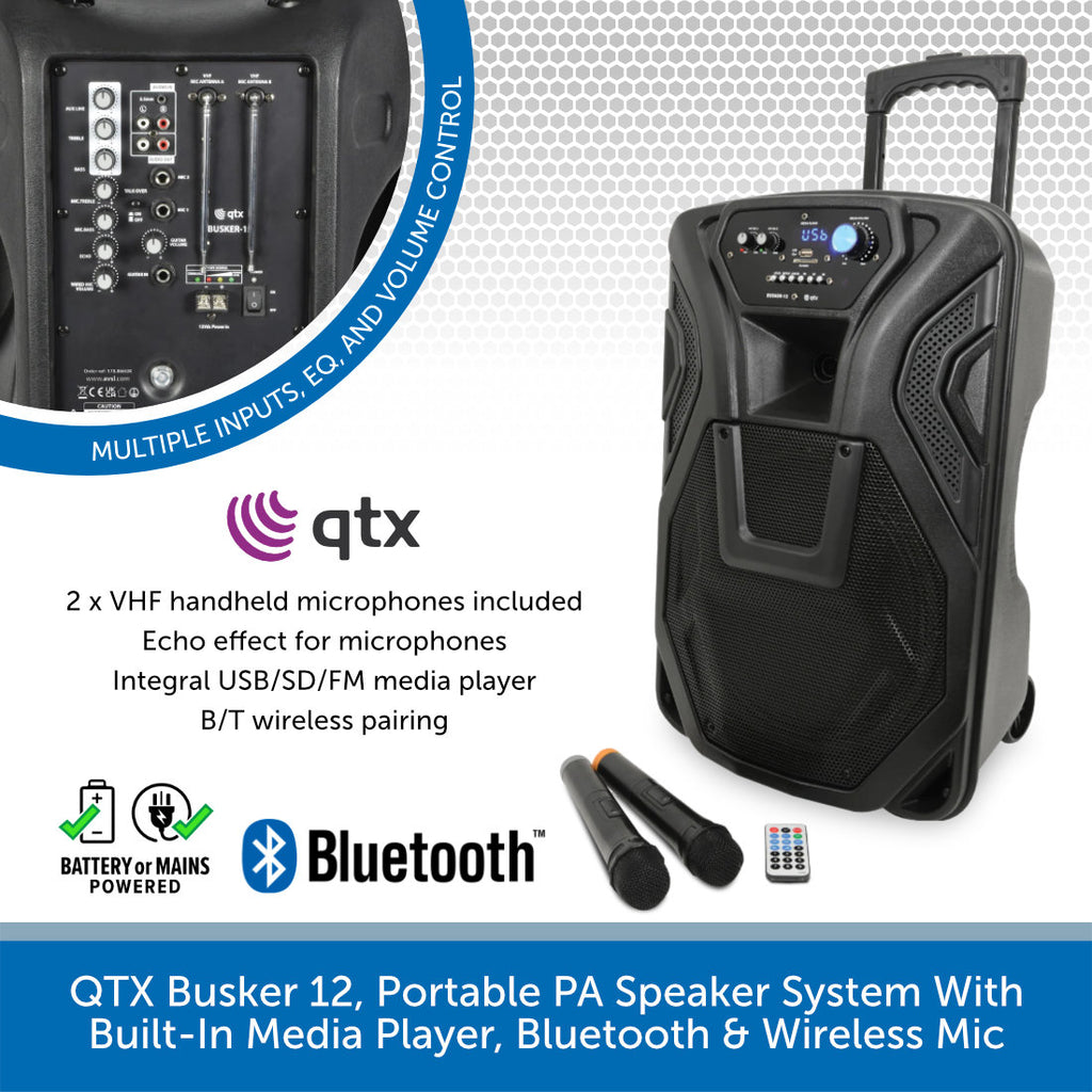 QTX Busker 12, Portable PA System With Wireless Mic BT Audio Volt