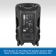 QTX Busker 15, Portable PA Speaker System With Built-In Media Player, Bluetooth & Wireless Mic