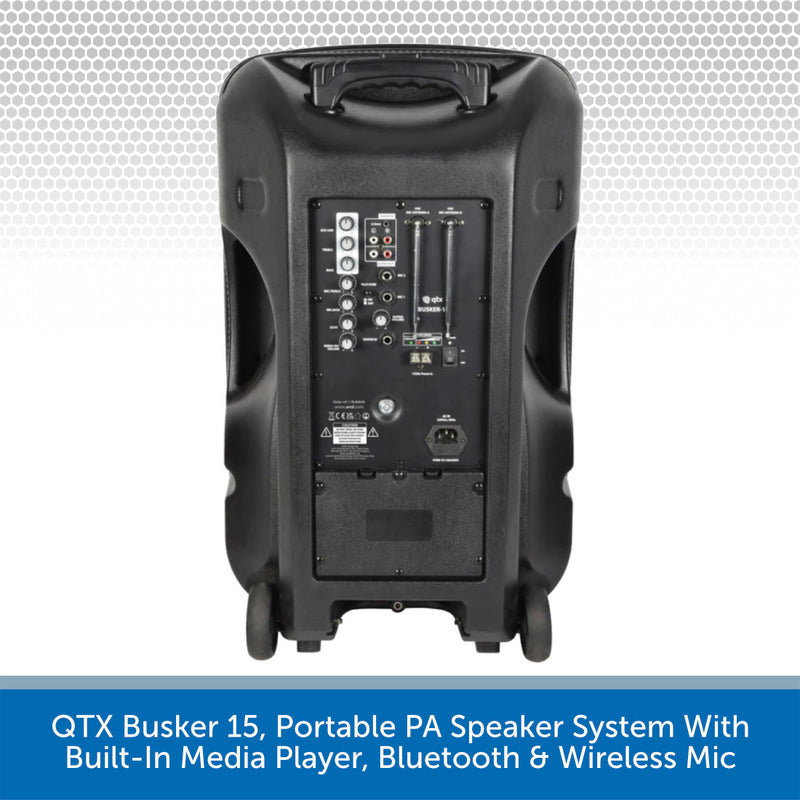 QTX Busker 15, Portable PA Speaker System With Built-In Media Player, Bluetooth & Wireless Mic