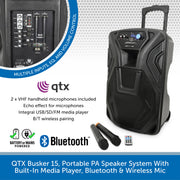 QTX Busker 15, Portable PA Speaker System With Built-In Media Player, Bluetooth & Wireless Mic
