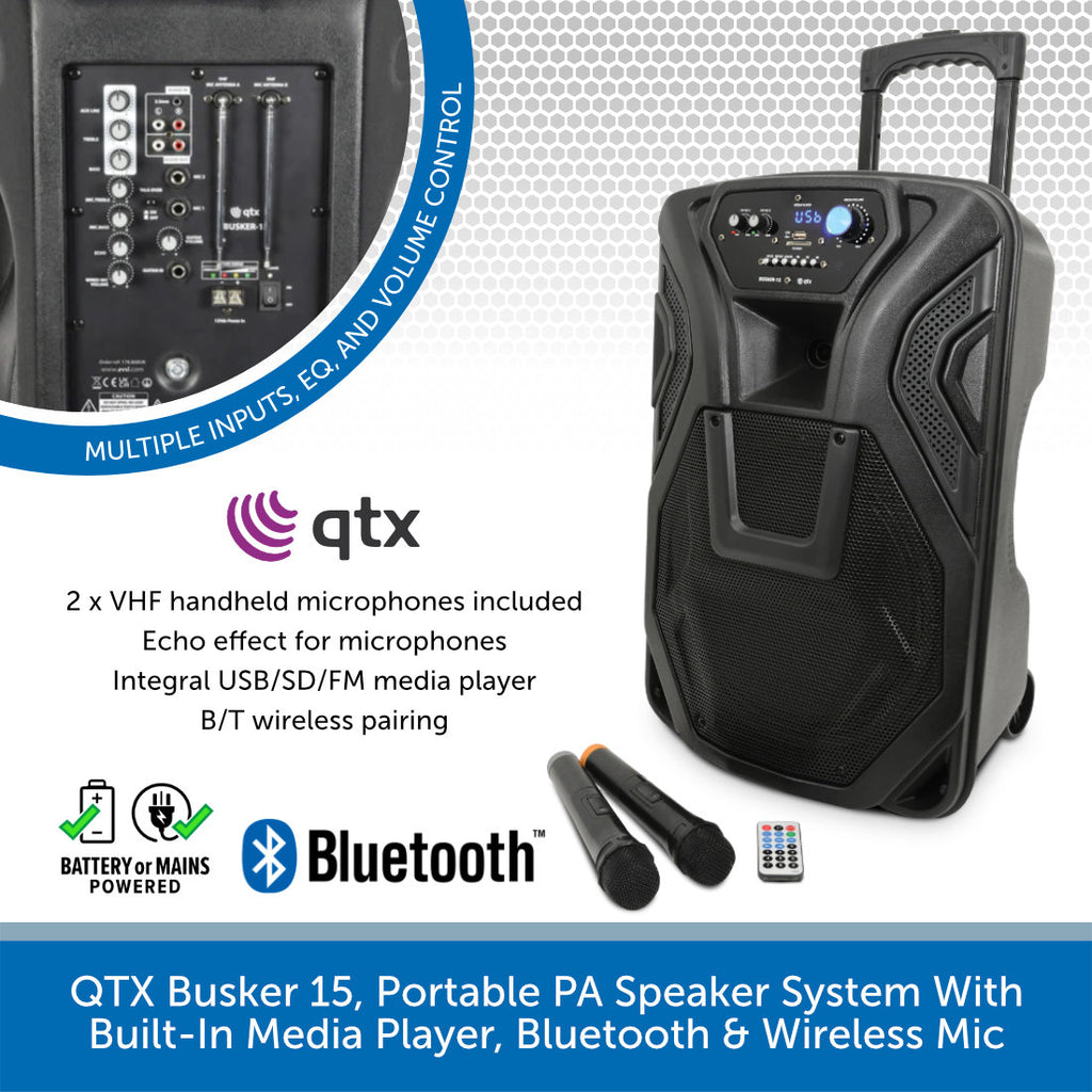 QTX Busker 15, Portable PA System With Wireless Mic & BT | Audio Volt