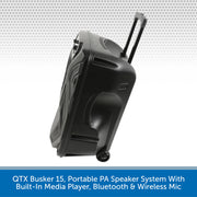 QTX Busker 15, Portable PA Speaker System With Built-In Media Player, Bluetooth & Wireless Mic