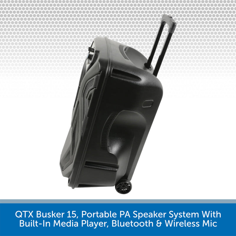 QTX Busker 15, Portable PA Speaker System With Built-In Media Player, Bluetooth & Wireless Mic
