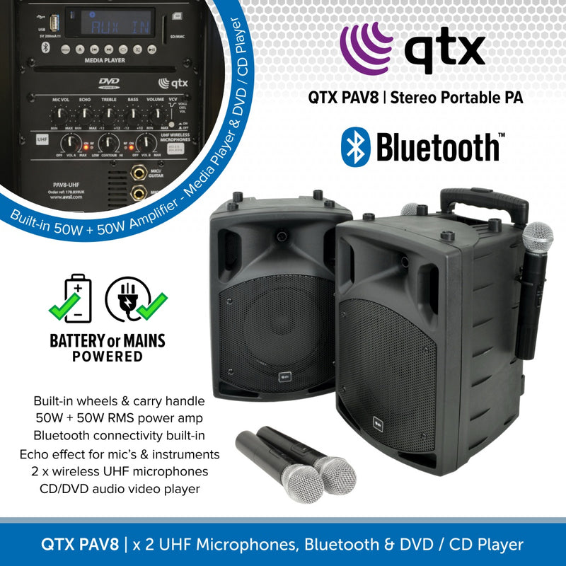 QTX PAV8 | Portable PA System x 2 Wireless Microphones, Bluetooth & DVD / CD Player
