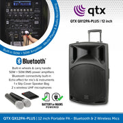QTX QX12PA-PLUS 12" Portable PA Speaker with Bluetooth & 2 Wireless Microphones