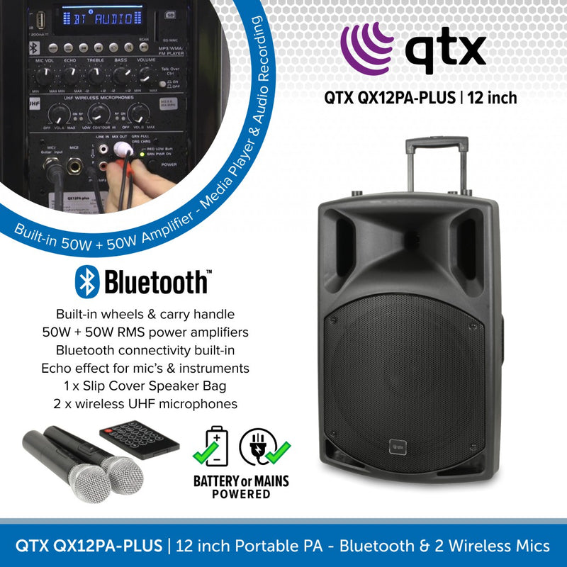 QTX QX12PA-PLUS 12" Portable PA Speaker with Bluetooth & 2 Wireless Microphones