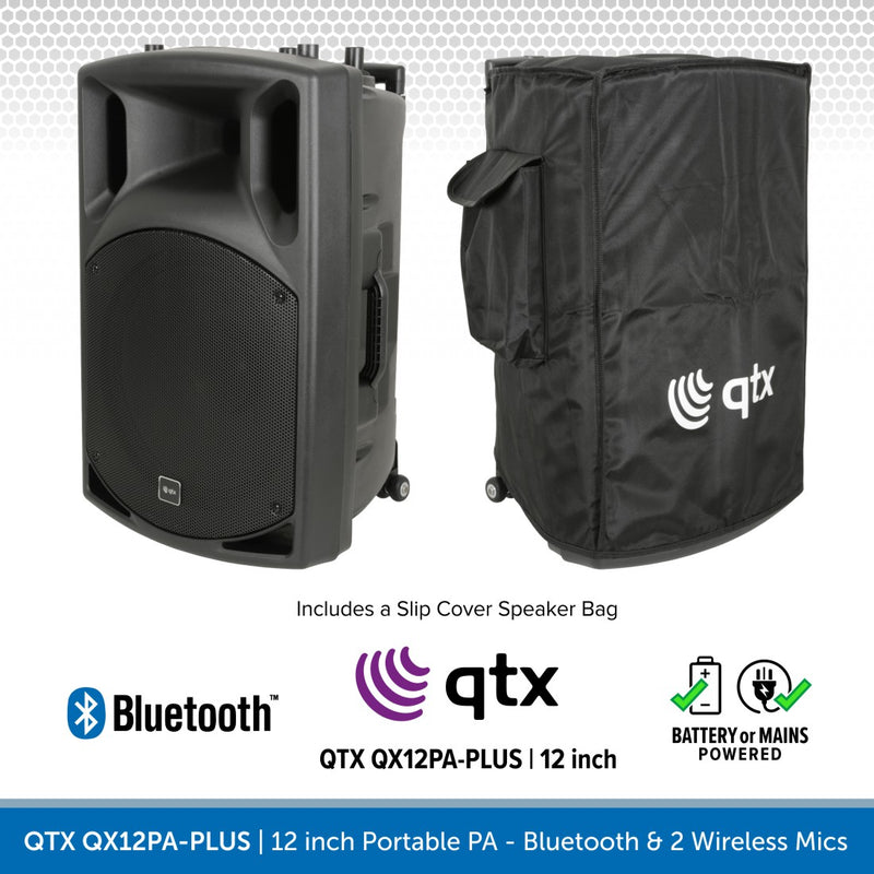 QTX QX12PA-PLUS 12" Portable PA Speaker with Bluetooth & 2 Wireless Microphones