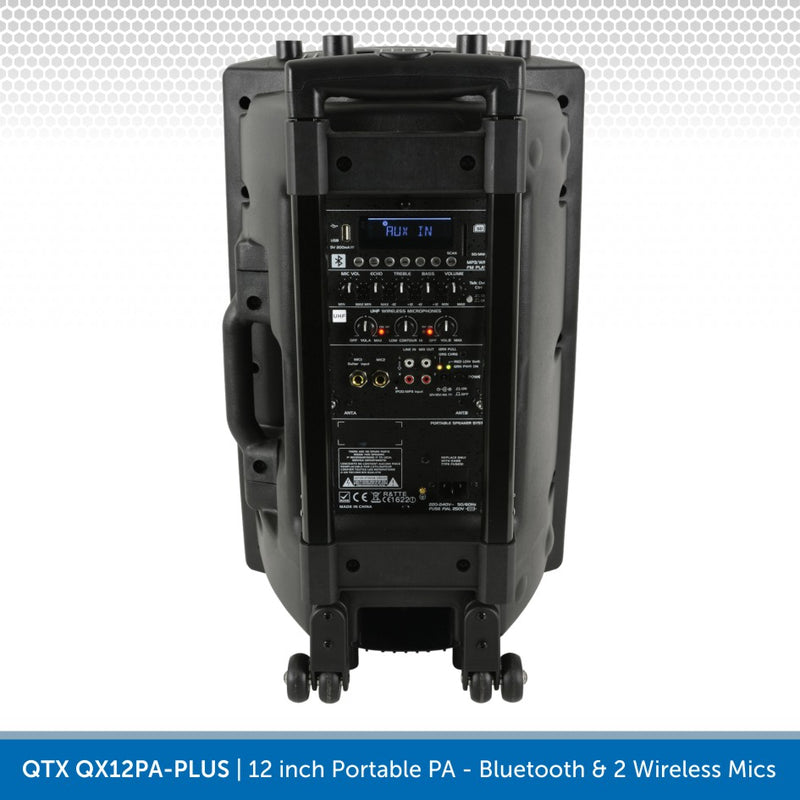 QTX QX12PA-PLUS 12" Portable PA Speaker with Bluetooth & 2 Wireless Microphones