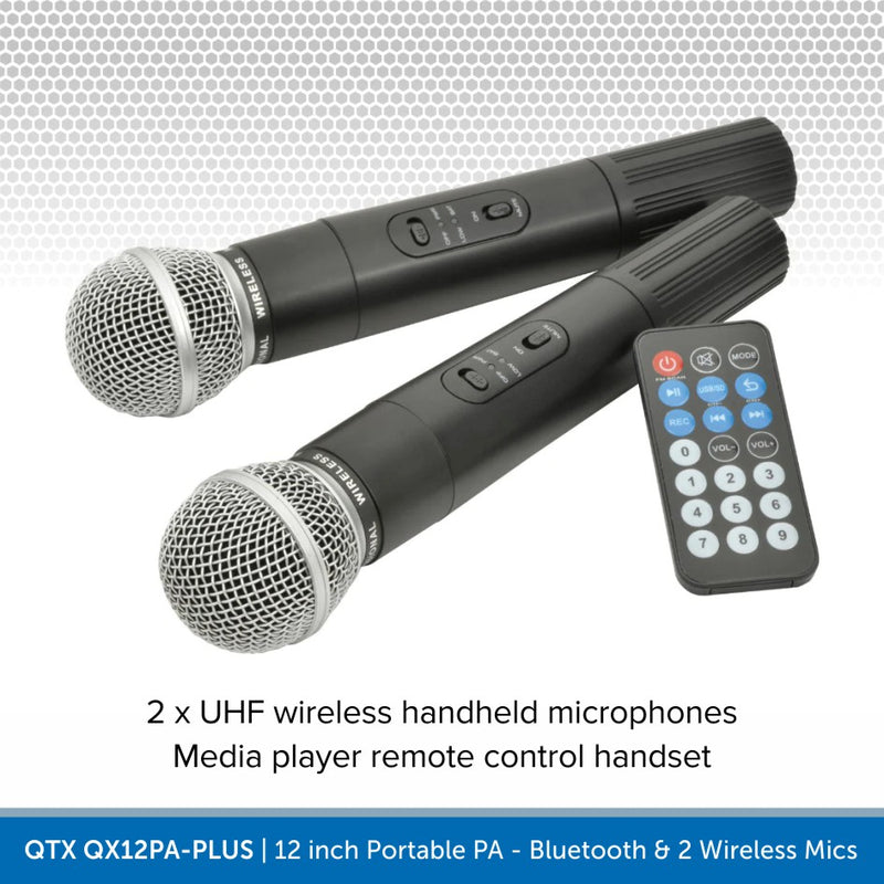 QTX QX12PA-PLUS 12" Portable PA Speaker with Bluetooth & 2 Wireless Microphones
