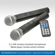 QTX QX15PA-PLUS 15" Portable PA Speaker with Bluetooth & 2 Wireless Microphones