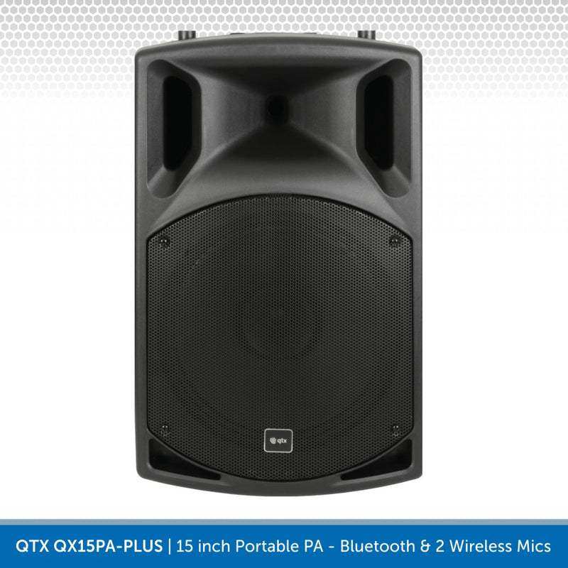 QTX QX15PA-PLUS 15" Portable PA Speaker with Bluetooth & 2 Wireless Microphones