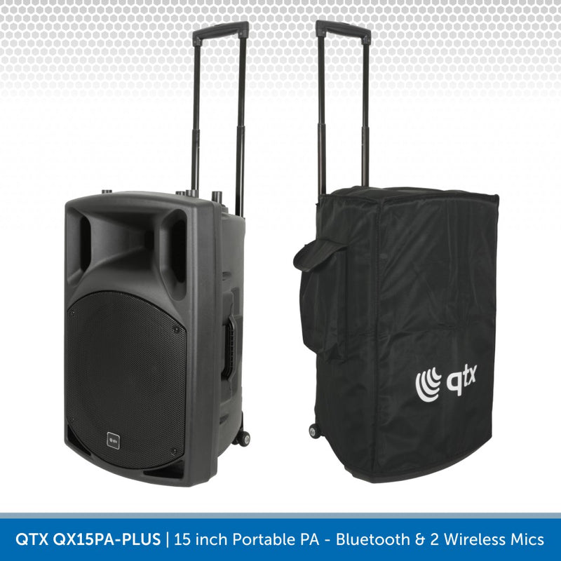 QTX QX15PA-PLUS 15" Portable PA Speaker with Bluetooth & 2 Wireless Microphones