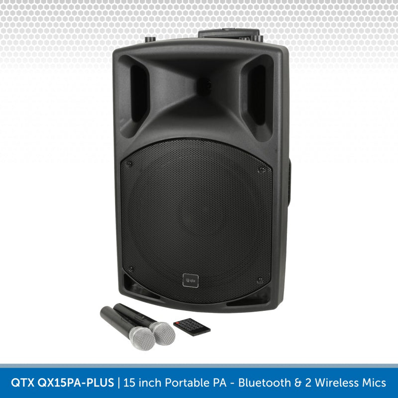QTX QX15PA-PLUS 15" Portable PA Speaker with Bluetooth & 2 Wireless Microphones