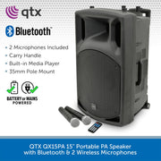 QTX QX15PA 15" Portable PA Speaker with Bluetooth & 2 Wireless Microphones