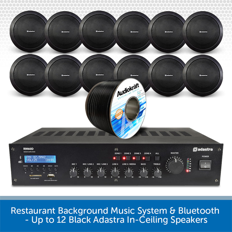 Restaurant Background Music System & Bluetooth - Up to 12 Black Adastra In-Ceiling Speakers