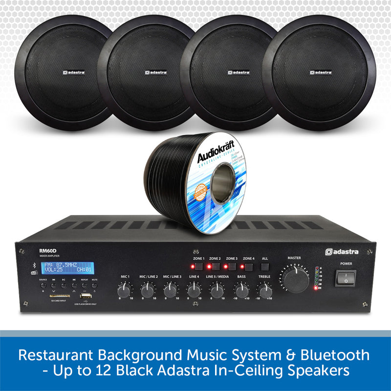 Restaurant Background Music System & Bluetooth - Up to 12 Black Adastra In-Ceiling Speakers