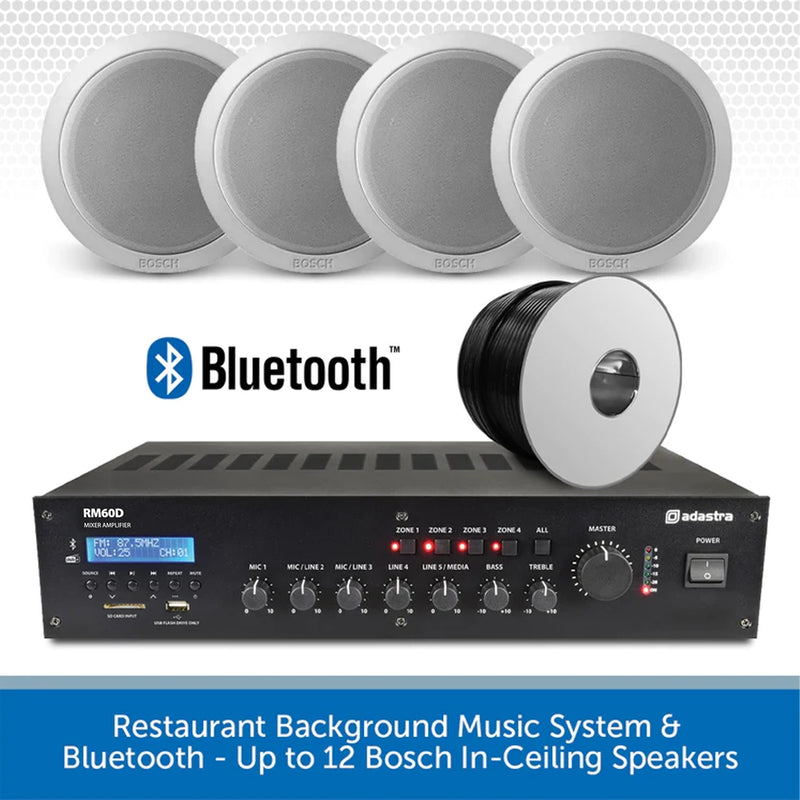 Restaurant Background Music System & Bluetooth - Up to 12 Bosch In-Ceiling Speakers