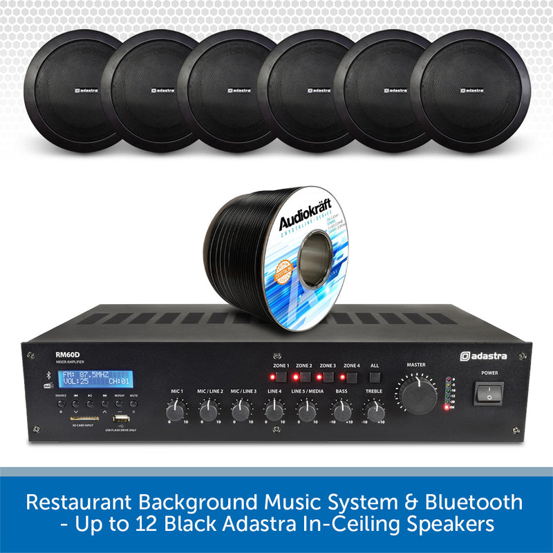 Restaurant Background Music System & Bluetooth - Up to 12 Black Adastra In-Ceiling Speakers