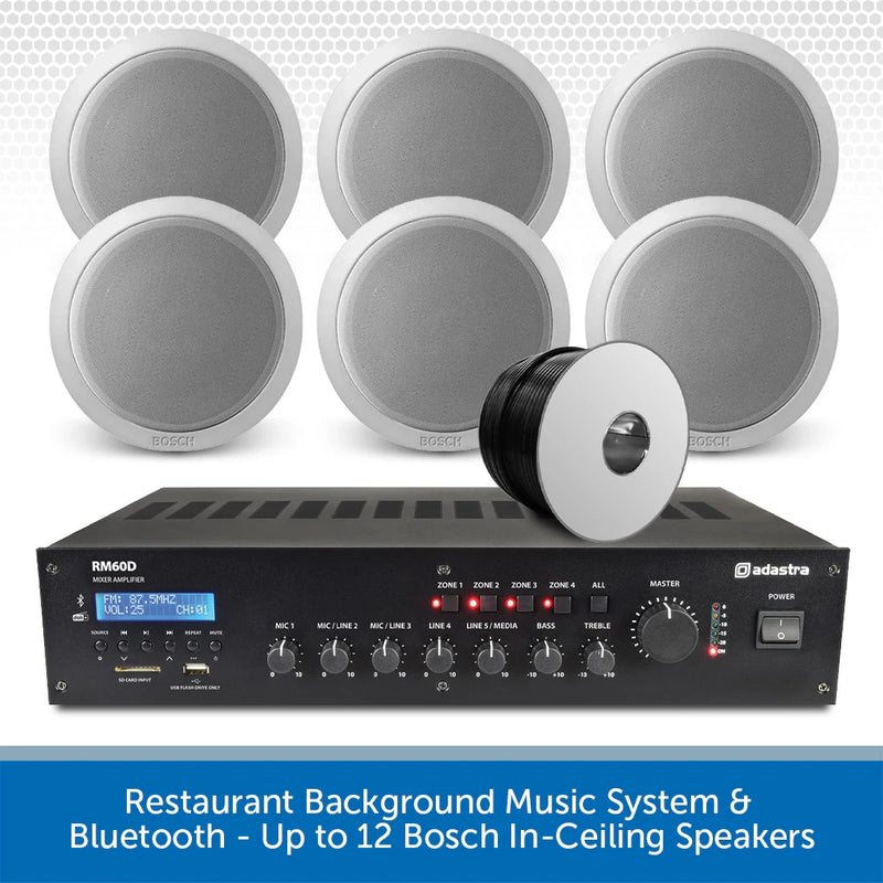 Restaurant Background Music System & Bluetooth - Up to 12 Bosch In-Ceiling Speakers