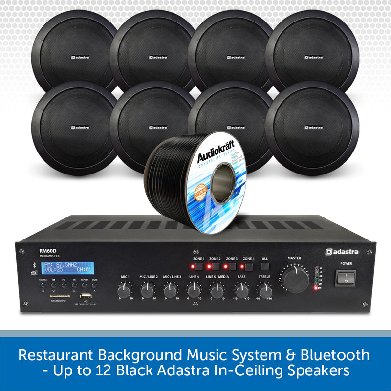 Restaurant Background Music System & Bluetooth - Up to 12 Black Adastra In-Ceiling Speakers