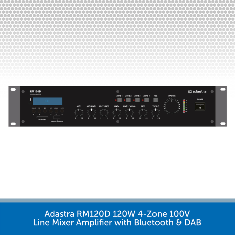Adastra RM120D 120W 4-Zone 100V Line Mixer Amplifier with Bluetooth & DAB