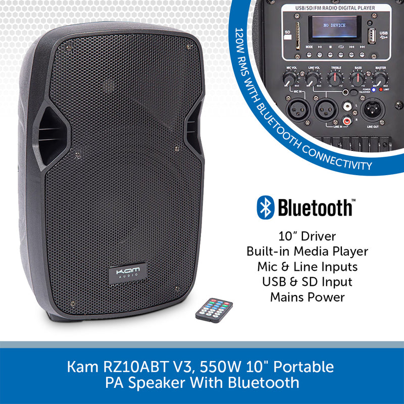 Kam RZ10ABT V3 550W 10" Portable Bluetooth PA Speaker
