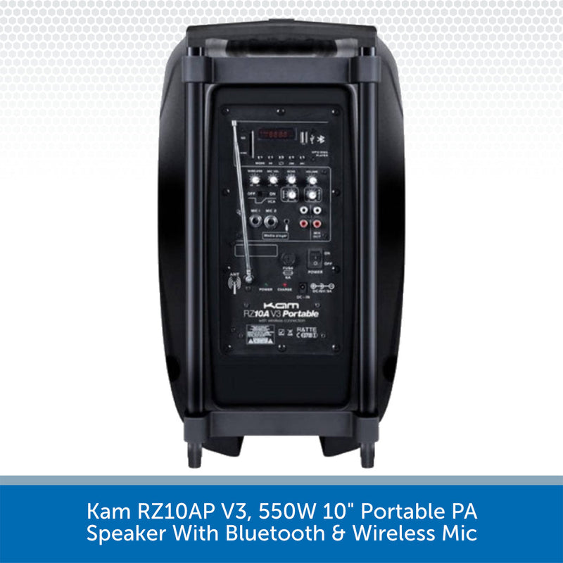 Kam RZ10AP V3, 550W 10" Portable PA Speaker With Bluetooth & Wireless Mic