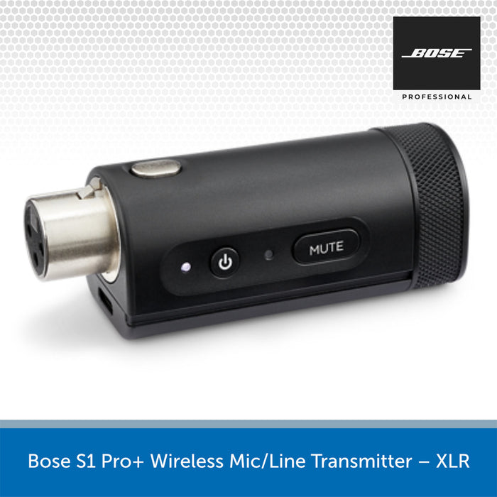 Bose S1 Pro+ Wireless Mic/Line Transmitter XLR on a white background with Bose logo.