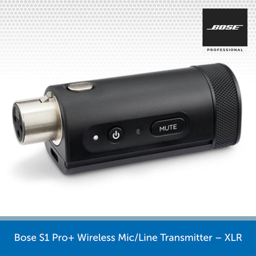Bose S1 Pro+ Wireless Mic/Line Transmitter XLR on a white background with Bose logo.