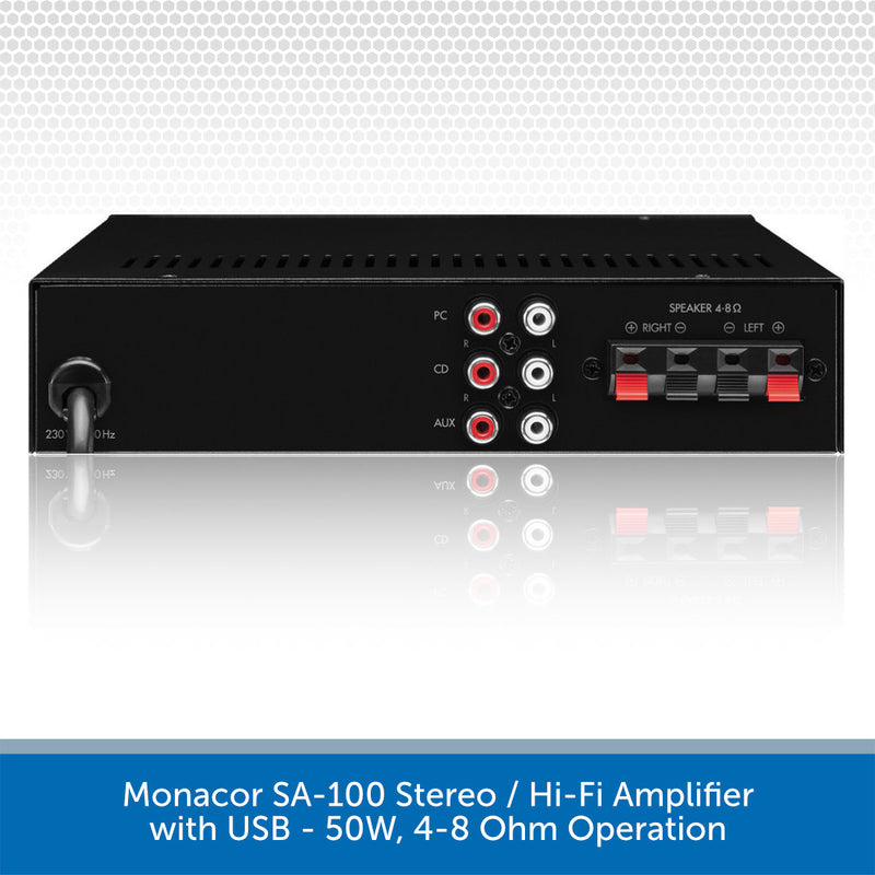 Monacor SA-100 Stereo / Hi-Fi Amplifier with USB - 50W, 4-8 Ohm Operation