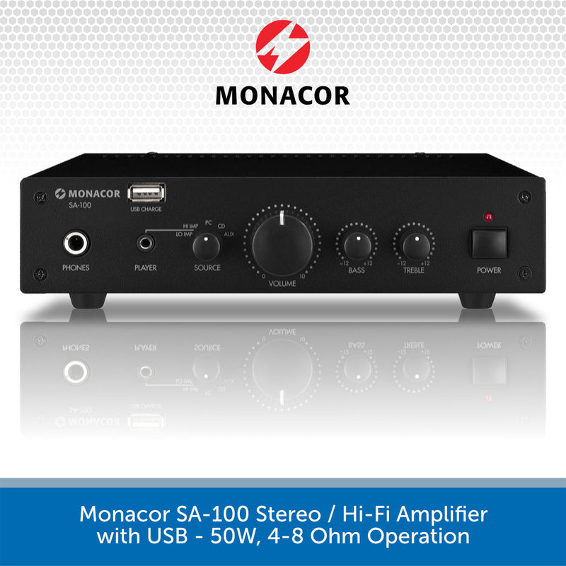 Monacor SA-100 Stereo / Hi-Fi Amplifier with USB - 50W, 4-8 Ohm Operation